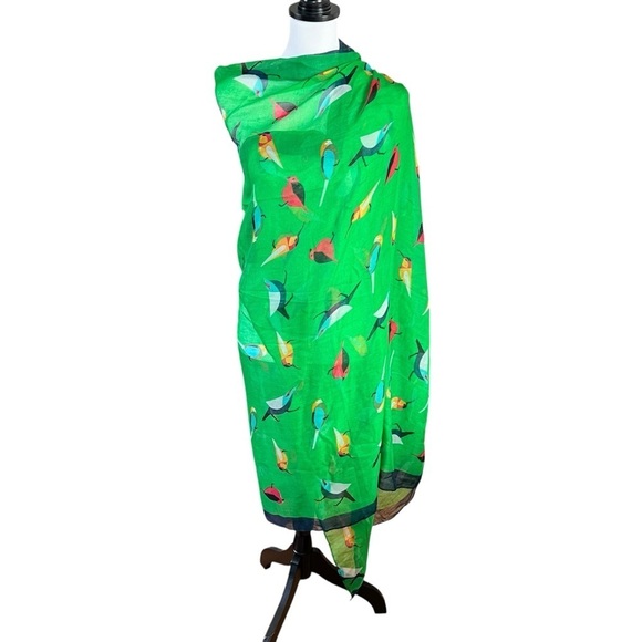 Large Vivid Green Bird-Patterned Scarf in Rich Chiffon 44x70 - Picture 2 of 6